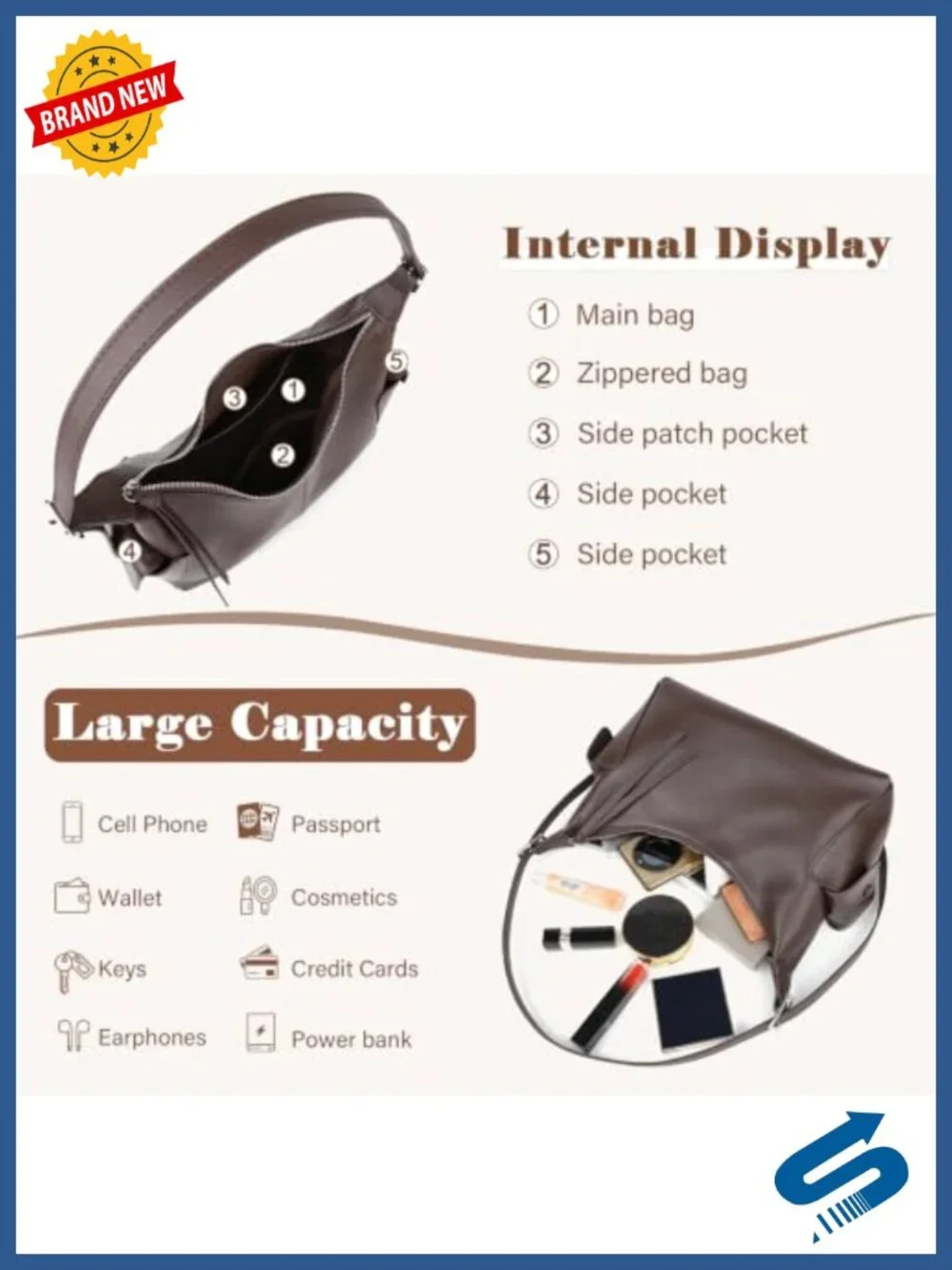Genuine Leather Hobo Handbag Tote Shoulder Bag Crossbody Purse with Dual Side